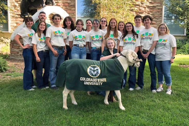 A group of teenagers and adults wearing matching 4-H shirts pose together outside on a lawn. CAM the Ram, covered with a green Colorado State University blanket, stands in front of the group.