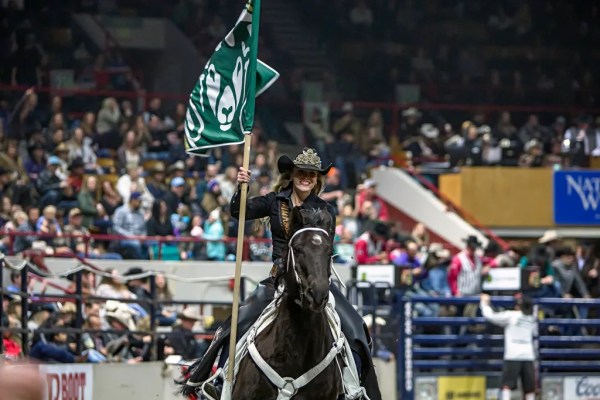 Woman on horseback holding CSU flag at a rodeo