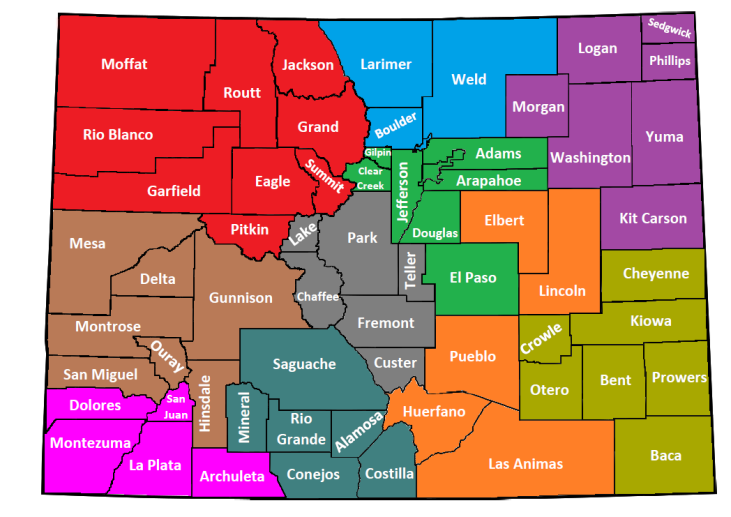 A color-coded map of Colorado divided into 10 Extension districts. Each county is labeled, and each district is shown in a different color. District 1 covers the northeastern counties; District 2 includes Larimer, Weld, and Boulder; District 3 covers the central Front Range; District 4 includes counties such as Elbert, Lincoln, Pueblo, Huerfano, and Las Animas; District 5 includes the southwestern counties near the Four Corners; District 6 covers the southeast plains; District 7 includes Park, Teller, Custer, Fremont, and Chaffee; District 8 covers the San Luis Valley; District 9 includes northwestern mountain counties; and District 10 includes western counties like Mesa, Gunnison, Delta, Montrose, Hinsdale, and San Miguel.