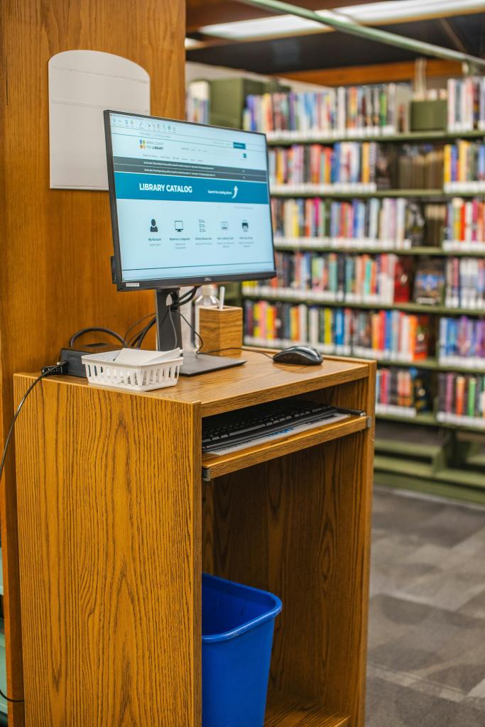 computer on high desk in a library