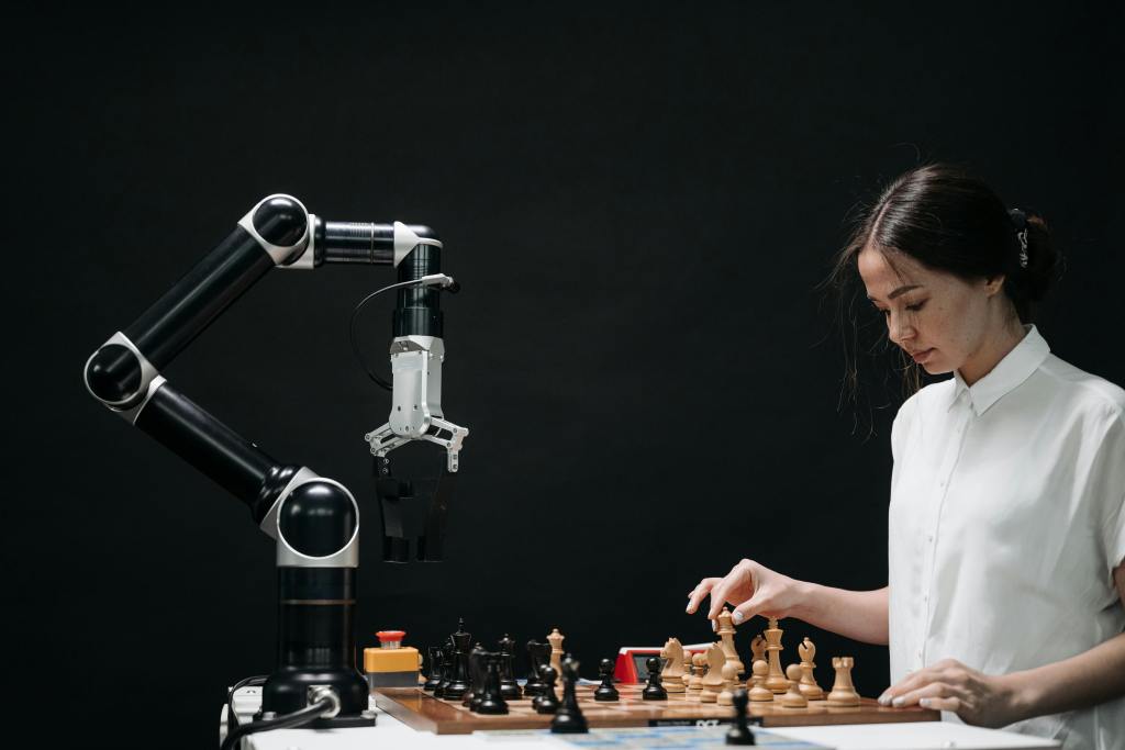 Woman playing chess against a robot