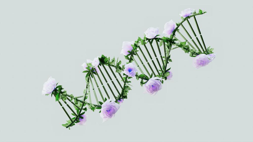 a creative and conceptual illustration of a DNA double helix. The structure of the DNA helix is formed by green, vine-like material or stems, resembling a plant or organic matter.
 The helix is adorned with small, blooming light purple or pink flowers and green leaves, blending themes of nature and science. 