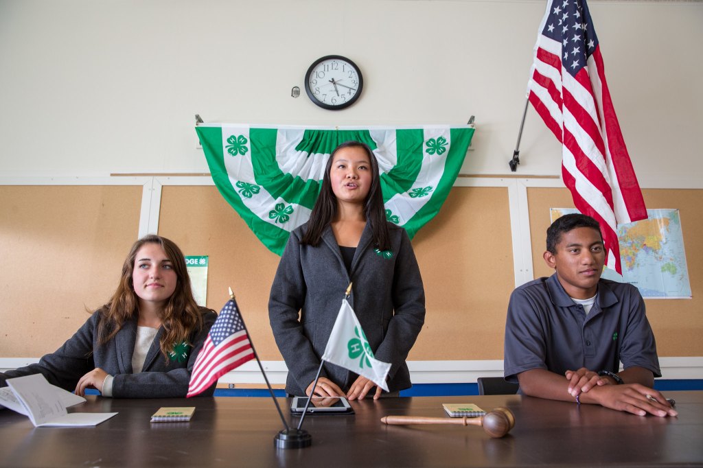 Three individuals are seated and standing behind a table in a meeting room decorated with 4-H banners and flags. The table has small American and 4-H flags, a gavel, and notebooks.