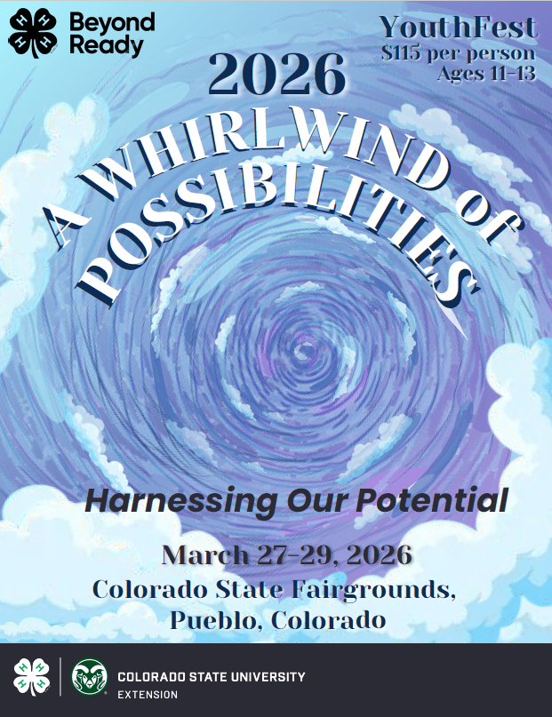 Promotional graphic for the 2026 YouthFest event featuring a swirling blue vortex design with the text “A Whirlwind of Possibilities,” event dates March 27–29, 2026, at the Colorado State Fairgrounds in Pueblo, Colorado, and 4‑H and Colorado State University Extension logos.